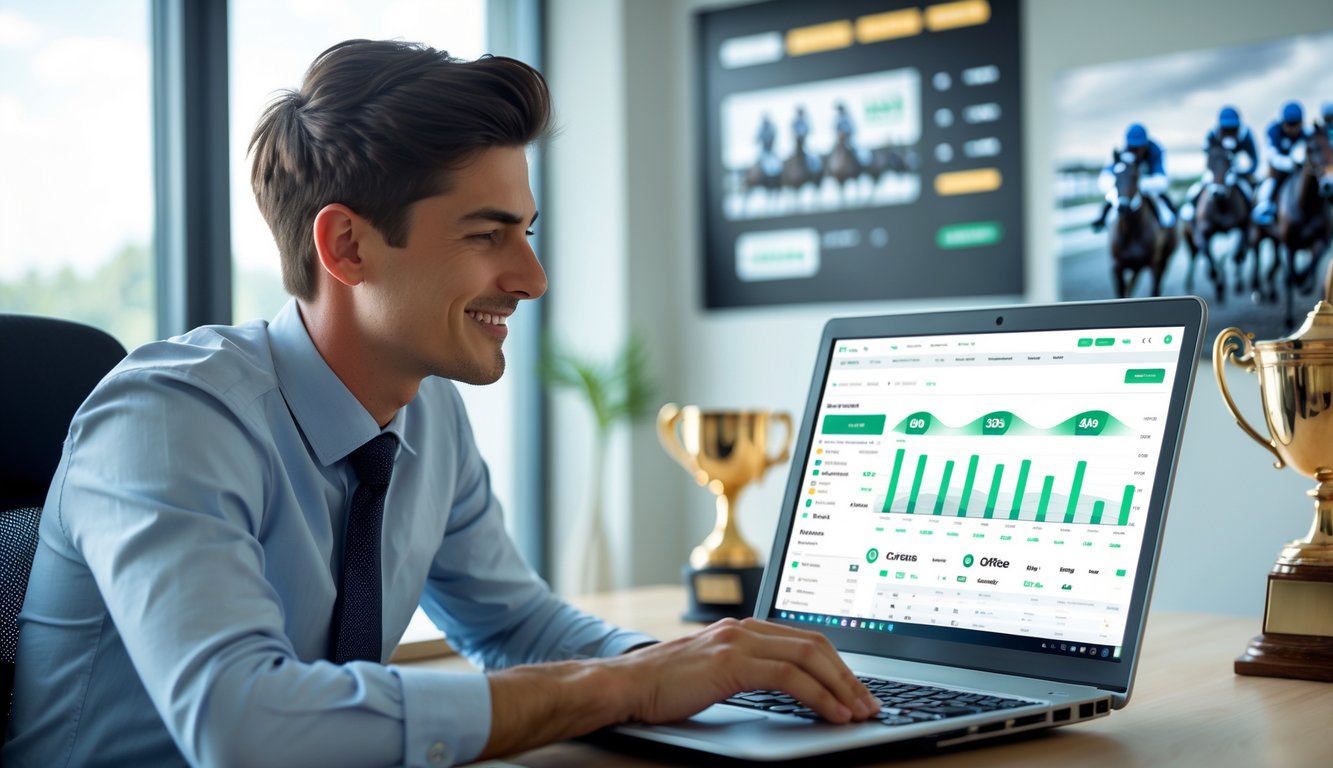 Seorang pria muda menggunakan laptop di kantor modern dengan dekorasi bertema balap kuda.