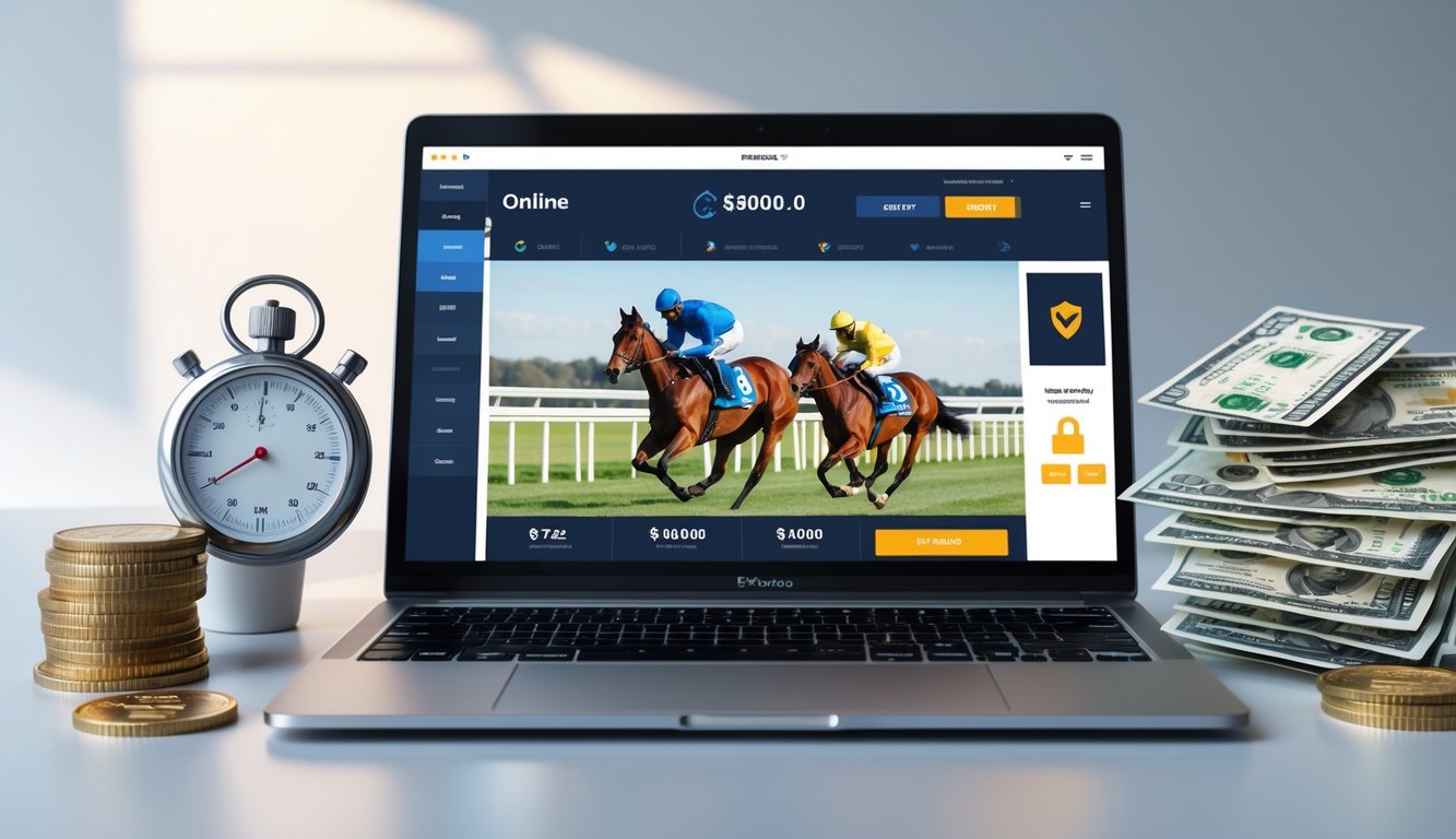 Seorang pengguna bekerja dengan laptop yang menampilkan situs taruhan balap kuda online, dikelilingi oleh ikon keamanan dan simbol pembayaran cepat.