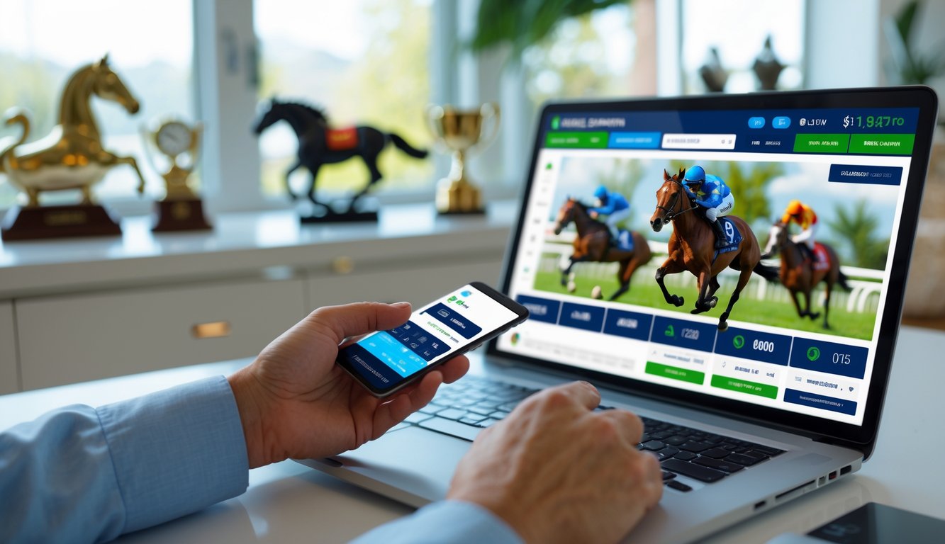Seseorang menggunakan laptop atau ponsel untuk memasang taruhan balap kuda online dengan latar ruangan rumah yang terang dan dekorasi bertema balap kuda.