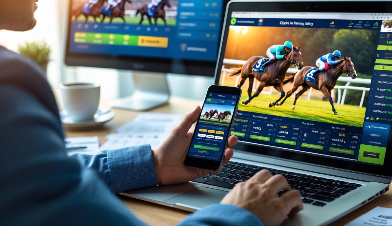 Seseorang sedang menggunakan laptop dan ponsel untuk memasang taruhan balap kuda online di sebuah meja kerja yang rapi.