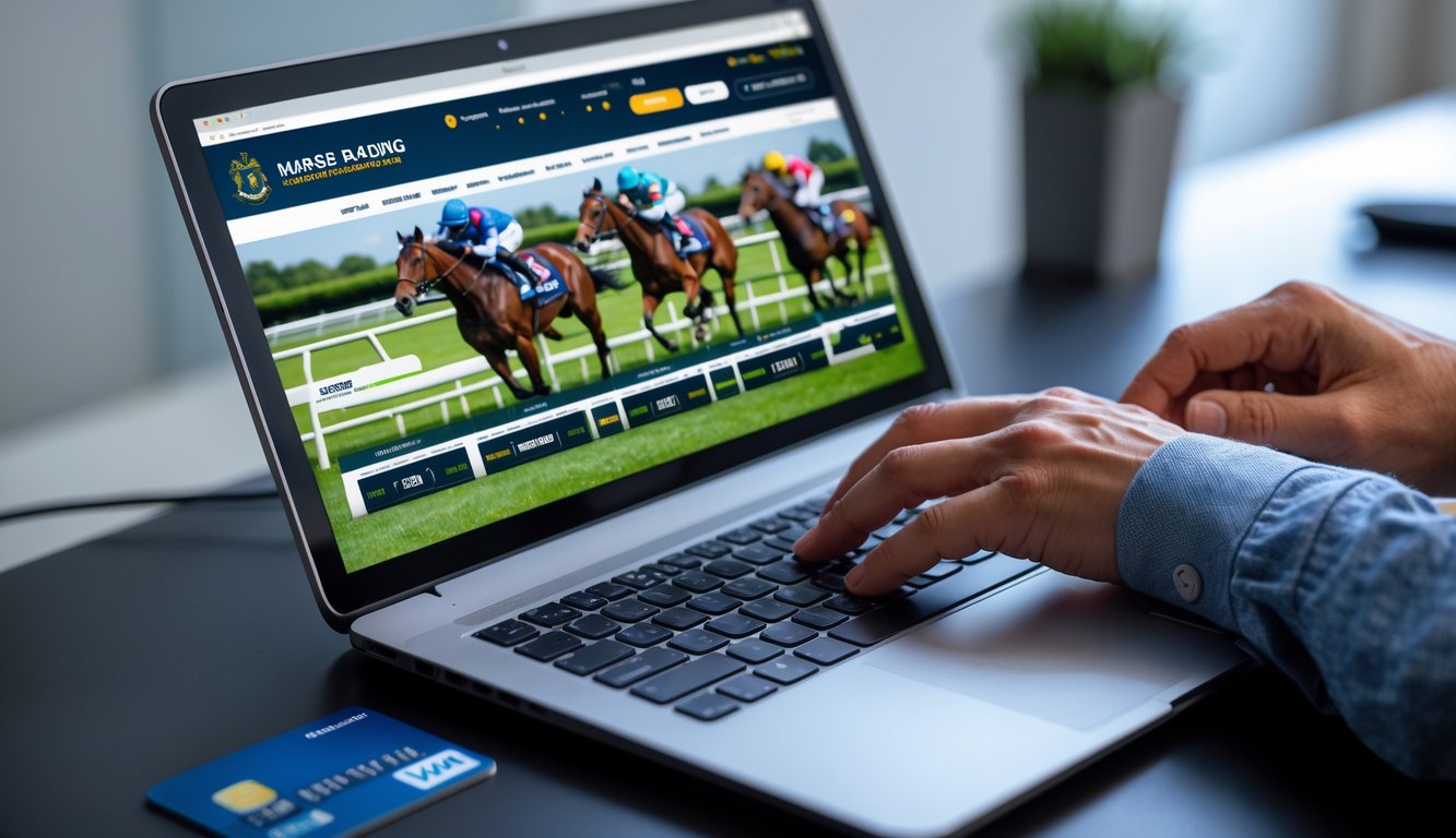Seseorang menggunakan laptop dengan tampilan situs balap kuda online di layar, menunjukkan aktivitas taruhan dengan cepat dan aman.