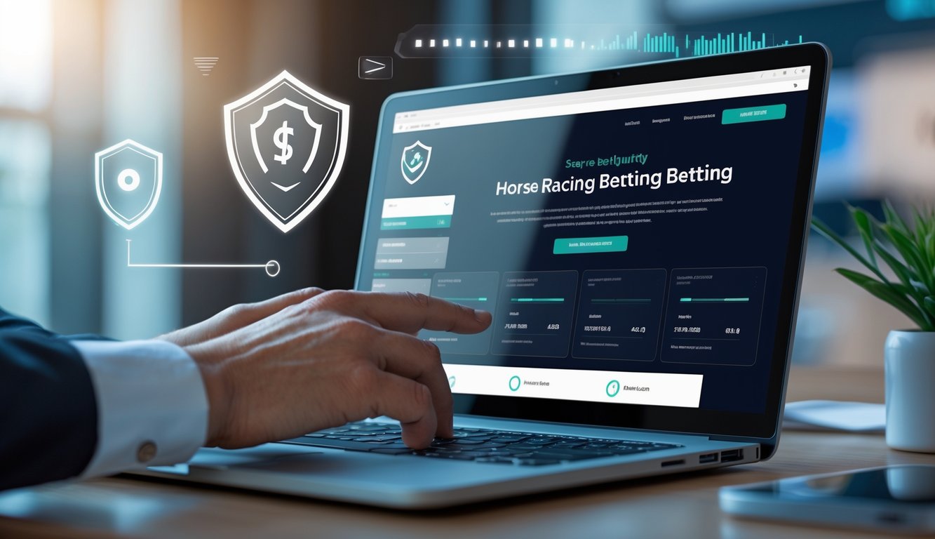 Seorang pengguna sedang menggunakan laptop dengan tampilan situs balap kuda online yang aman di meja kerja modern.