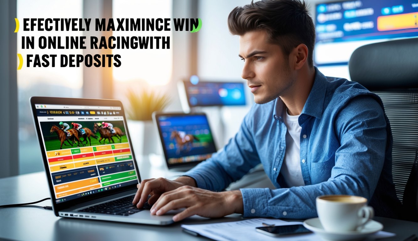 Seorang pria muda duduk di depan laptop dengan tampilan taruhan balap kuda online, terlihat fokus dan serius, di meja terdapat ponsel, kopi, dan catatan strategi.