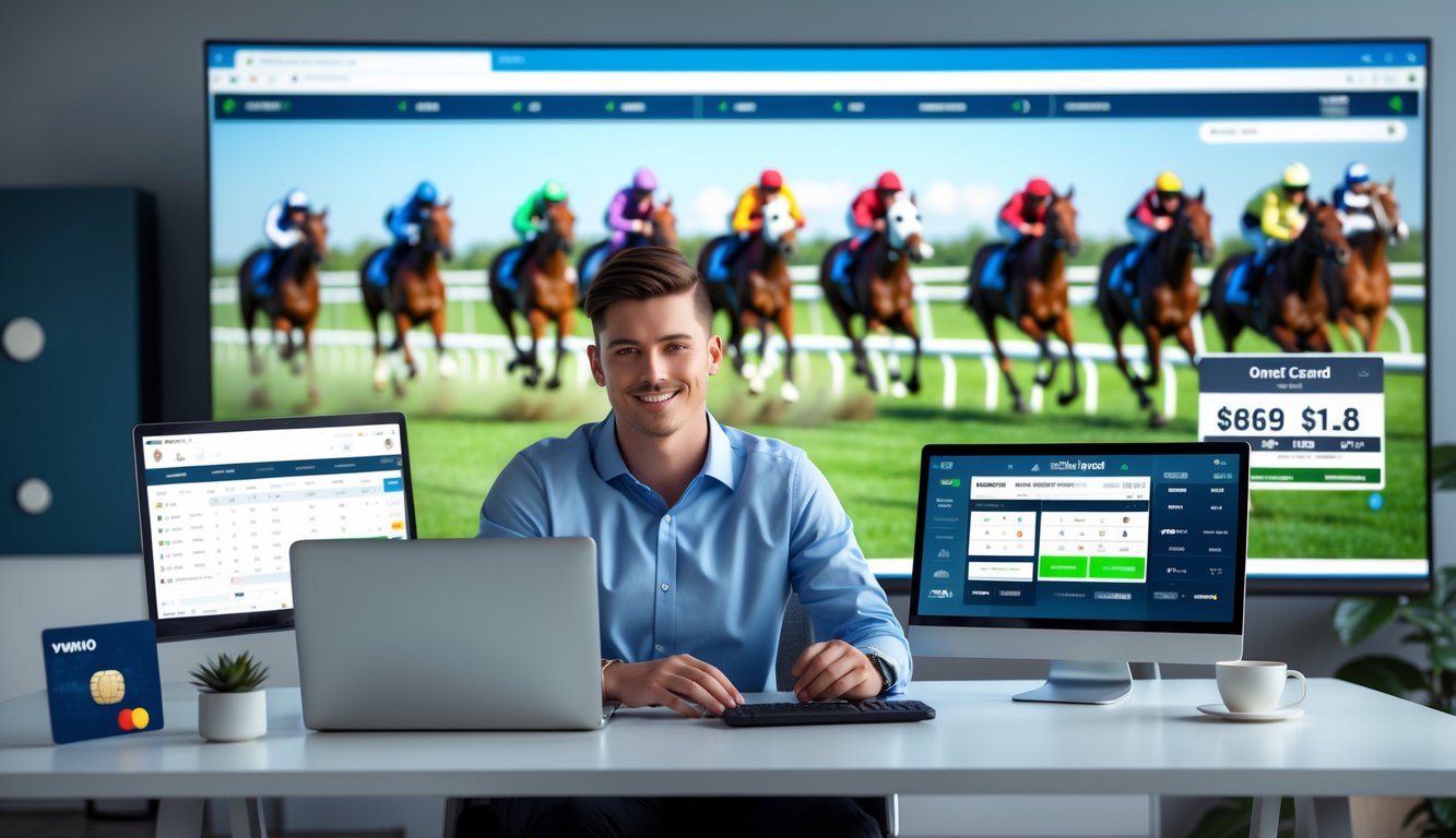 Seorang pria muda duduk di meja kerja modern dengan laptop dan ponsel yang menampilkan data balap kuda, di latar belakang layar besar menampilkan balapan kuda yang sedang berlangsung.