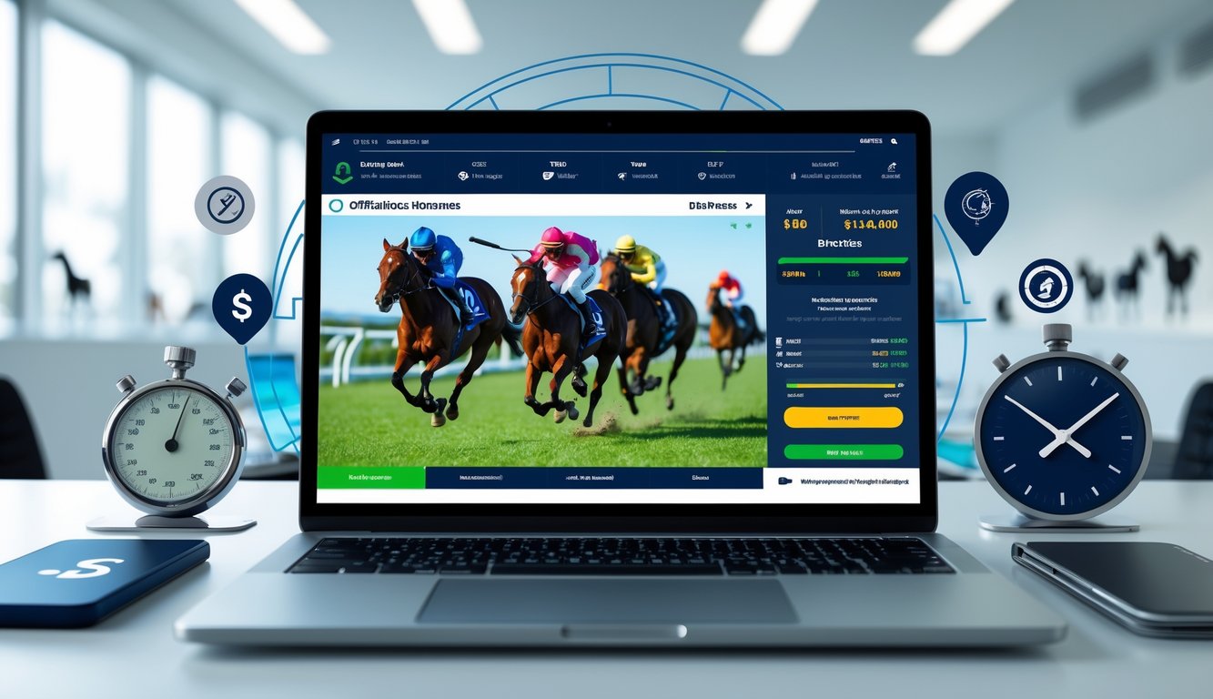 Seorang pengguna melihat layar komputer dengan tampilan platform balap kuda online yang menunjukkan informasi balapan dan ikon pembayaran cepat di lingkungan kantor yang terang.