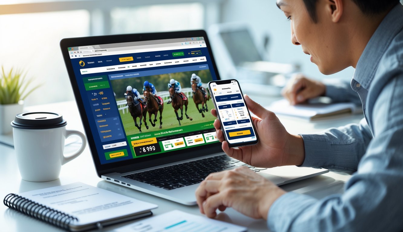 Seseorang menggunakan laptop dan ponsel untuk bermain balap kuda online dengan cepat melakukan deposit di meja kerja yang rapi.
