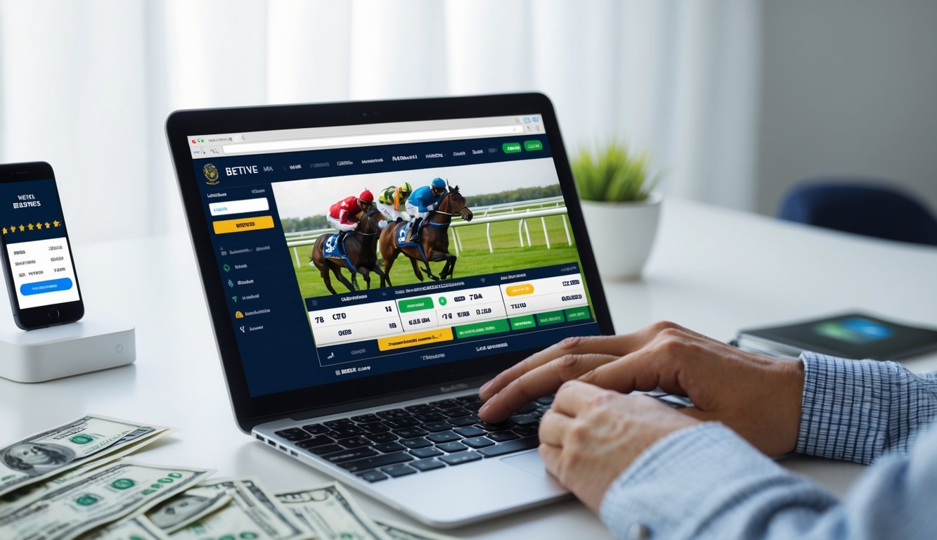 Seseorang menggunakan laptop untuk memasang taruhan balap kuda online dengan ponsel dan kartu kredit di atas meja.
