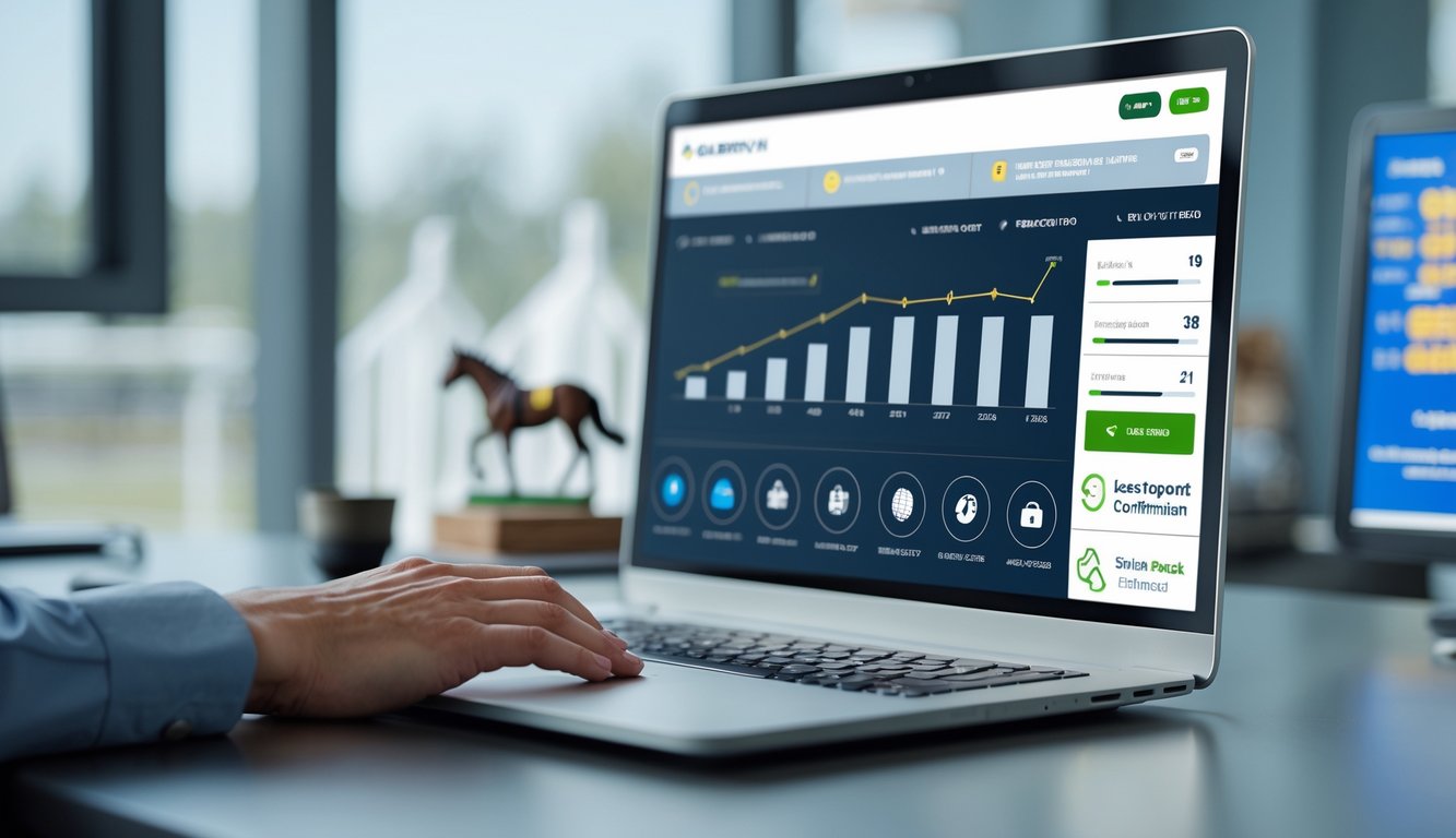 Seseorang menggunakan komputer dengan tampilan platform taruhan balap kuda online di ruang kantor yang terang dan rapi.