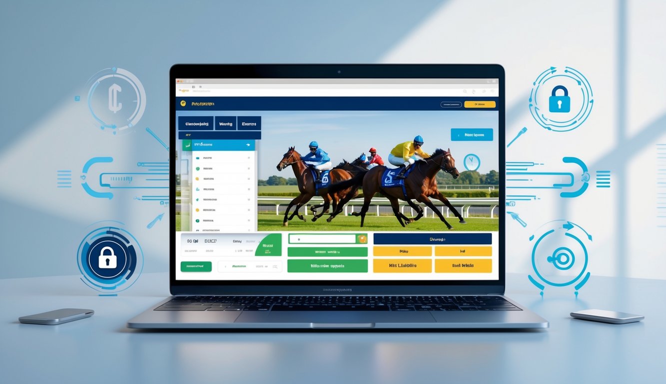 Sebuah laptop menampilkan antarmuka platform balap kuda online dengan simbol pembayaran cepat dan aman di sekitarnya.