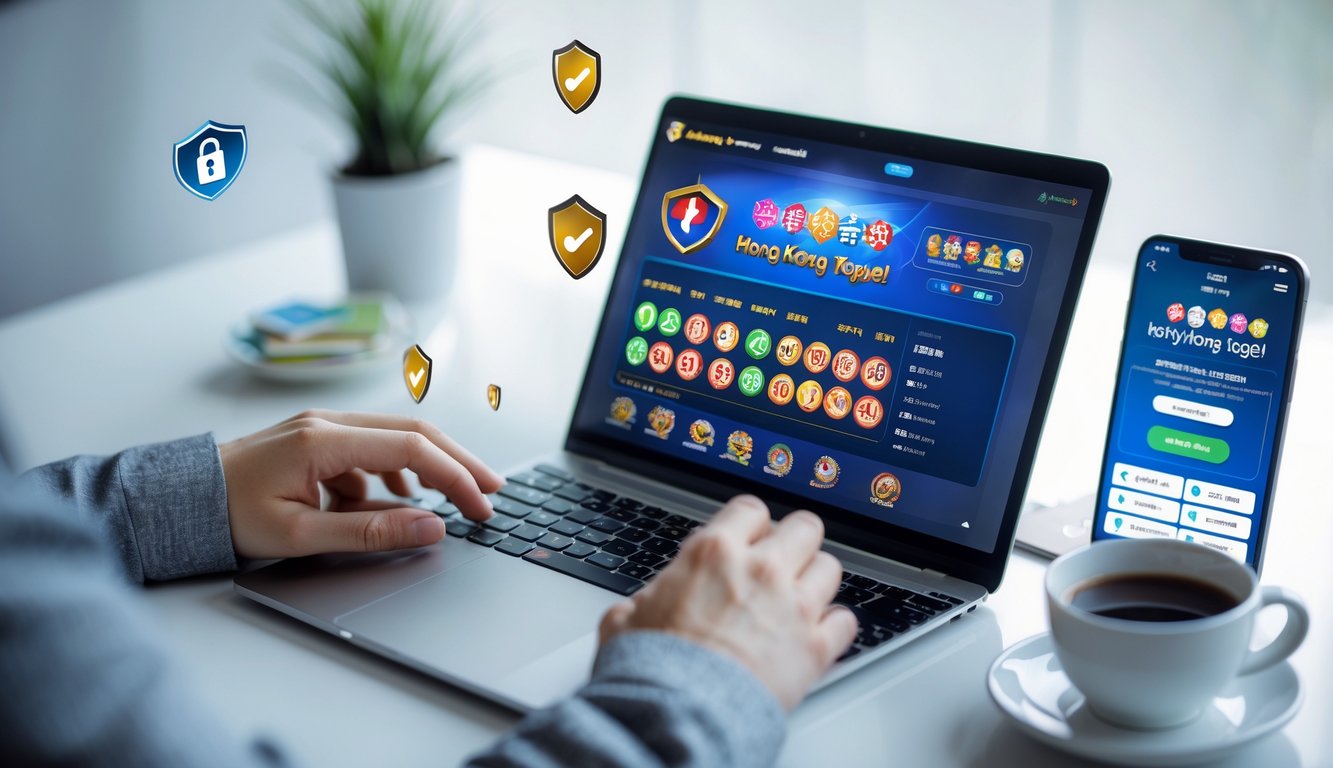 Seseorang menggunakan laptop di meja kerja dengan tampilan platform taruhan togel Hong Kong di layar, dikelilingi oleh elemen yang menunjukkan keamanan dan kepercayaan.