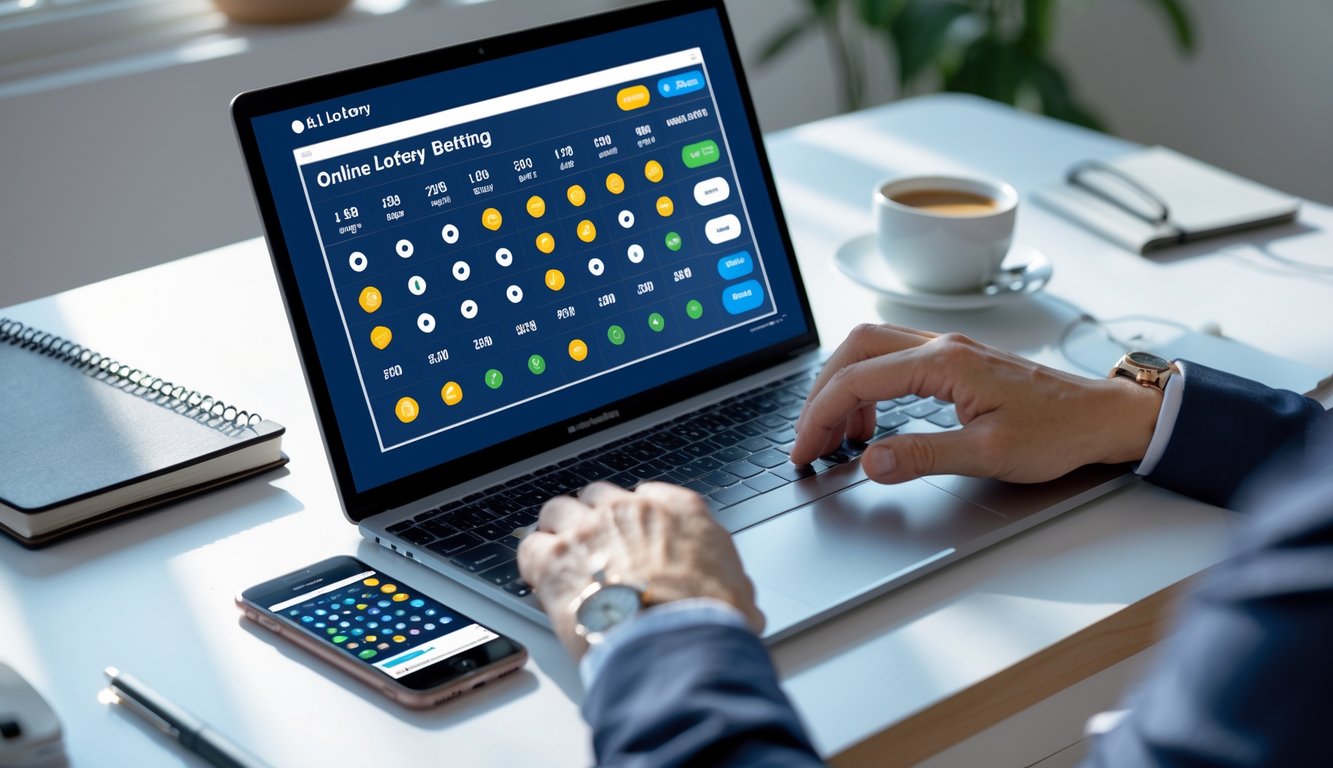 Seseorang sedang menggunakan laptop dan ponsel di meja kerja untuk memasang taruhan togel secara online.