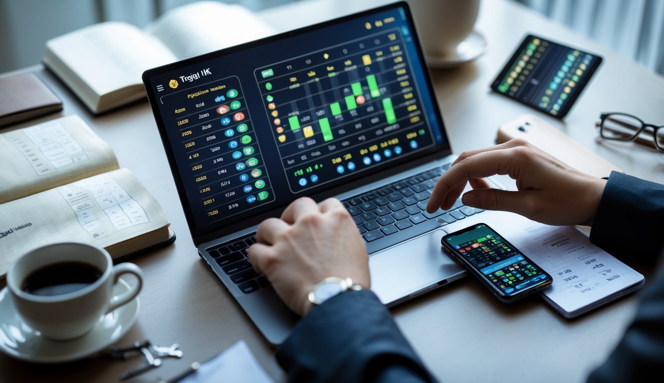 Seseorang menggunakan laptop dan ponsel untuk bermain togel Hong Kong dengan catatan dan alat tulis di meja kerja.