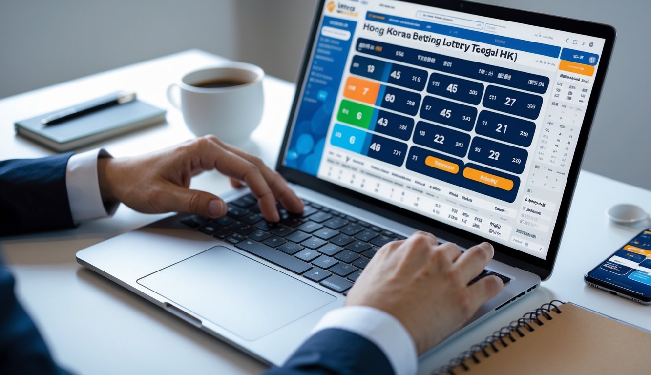 Seorang pria menggunakan laptop dan ponsel untuk bermain togel Hong Kong di platform digital di meja kerja yang rapi.