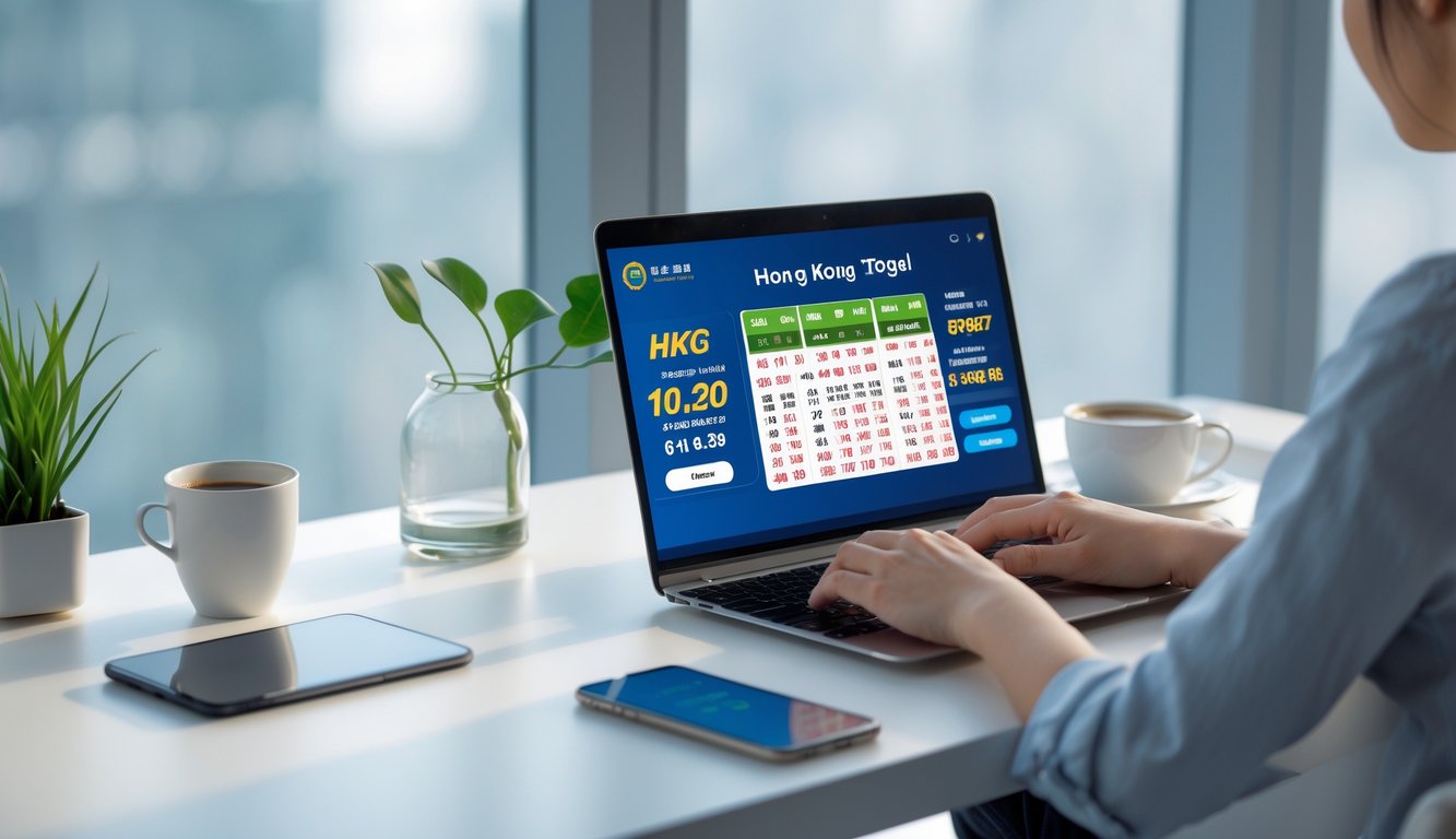 Seseorang menggunakan laptop di meja kerja yang rapi, melihat platform taruhan togel online dengan suasana terang dan tenang.