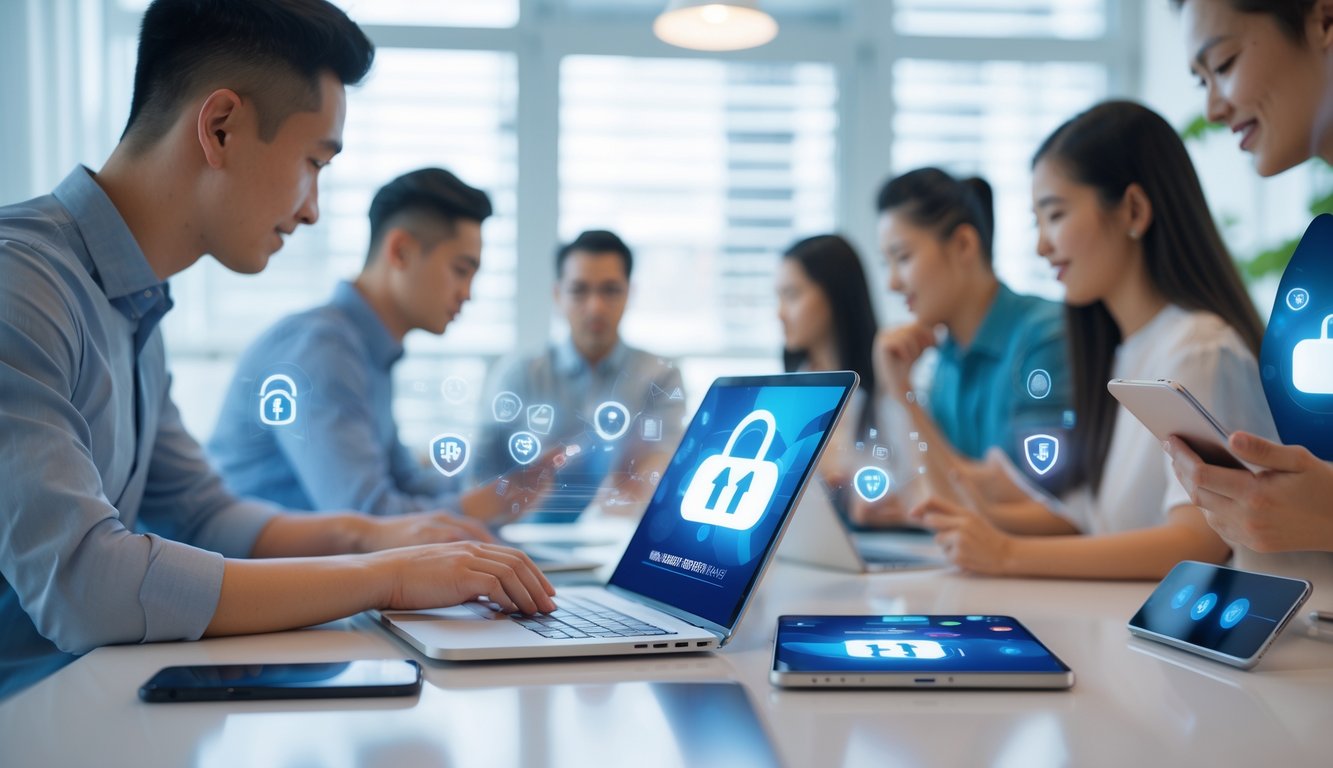 Beberapa orang menggunakan perangkat digital di ruang kerja yang terang untuk memasang taruhan Togel HK secara aman dan mudah.