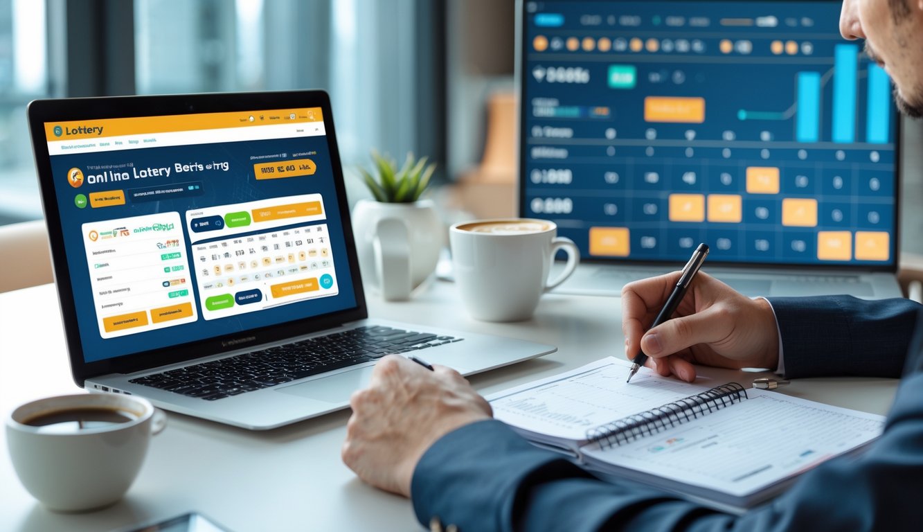 Seseorang duduk di meja kerja dengan laptop dan ponsel yang menampilkan situs taruhan lotere, sambil mencatat dan menganalisis data.