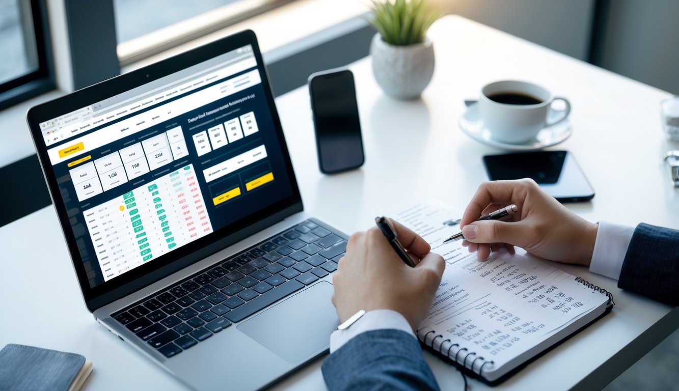 Meja kerja dengan laptop yang menampilkan platform togel online, tangan seseorang memegang pena dan buku catatan dengan tulisan, serta cangkir kopi dan ponsel di samping.