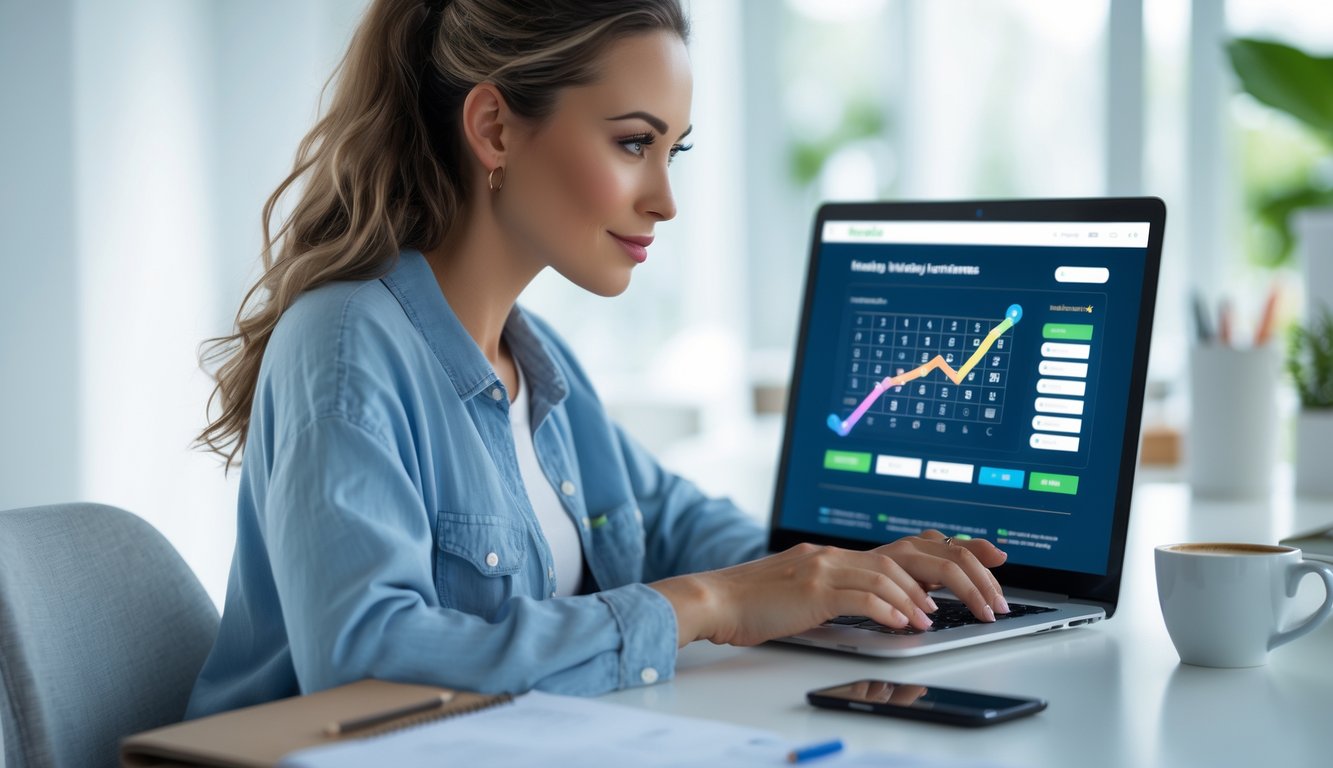 Seorang wanita muda duduk di meja kerja dengan laptop, fokus pada layar yang menampilkan situs prediksi angka togel.