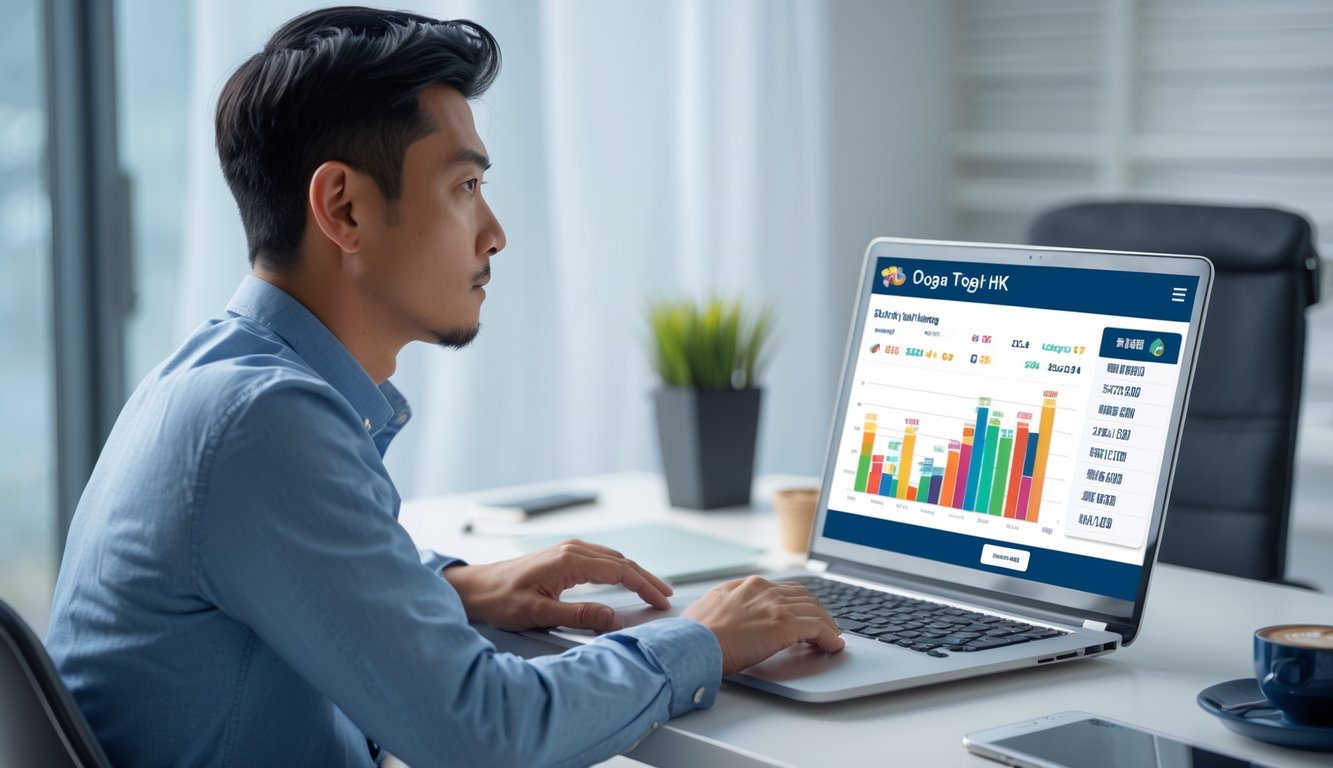 Seorang pria muda duduk di depan laptop di meja kerja, fokus menggunakan platform taruhan togel online dengan suasana ruangan yang rapi dan terang.