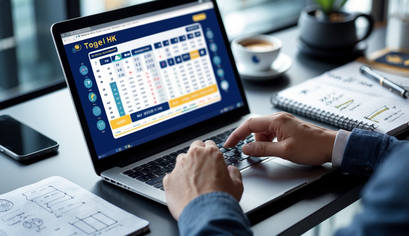 Seseorang menggunakan laptop di meja kerja dengan perangkat digital dan catatan strategi untuk taruhan togel Hong Kong.