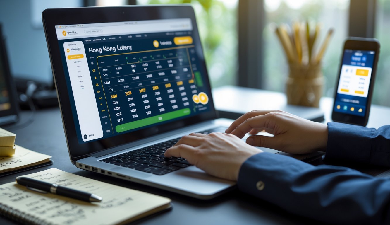 Seseorang menggunakan laptop dan smartphone untuk memasang taruhan togel Hong Kong di lingkungan kerja yang rapi dan terang.