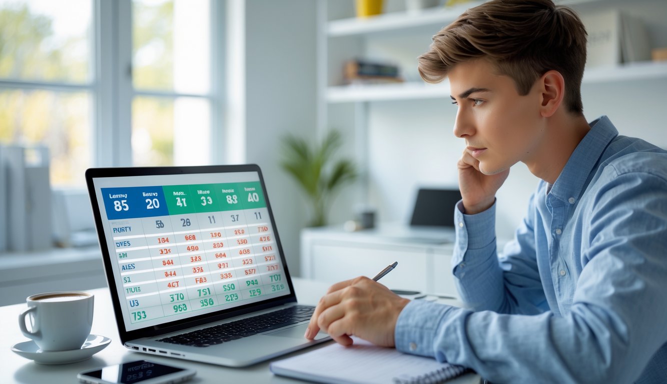 Seorang dewasa muda duduk di meja kerja dengan laptop terbuka dan alat tulis, fokus menganalisis data dalam ruangan kantor rumah yang rapi dan terang.