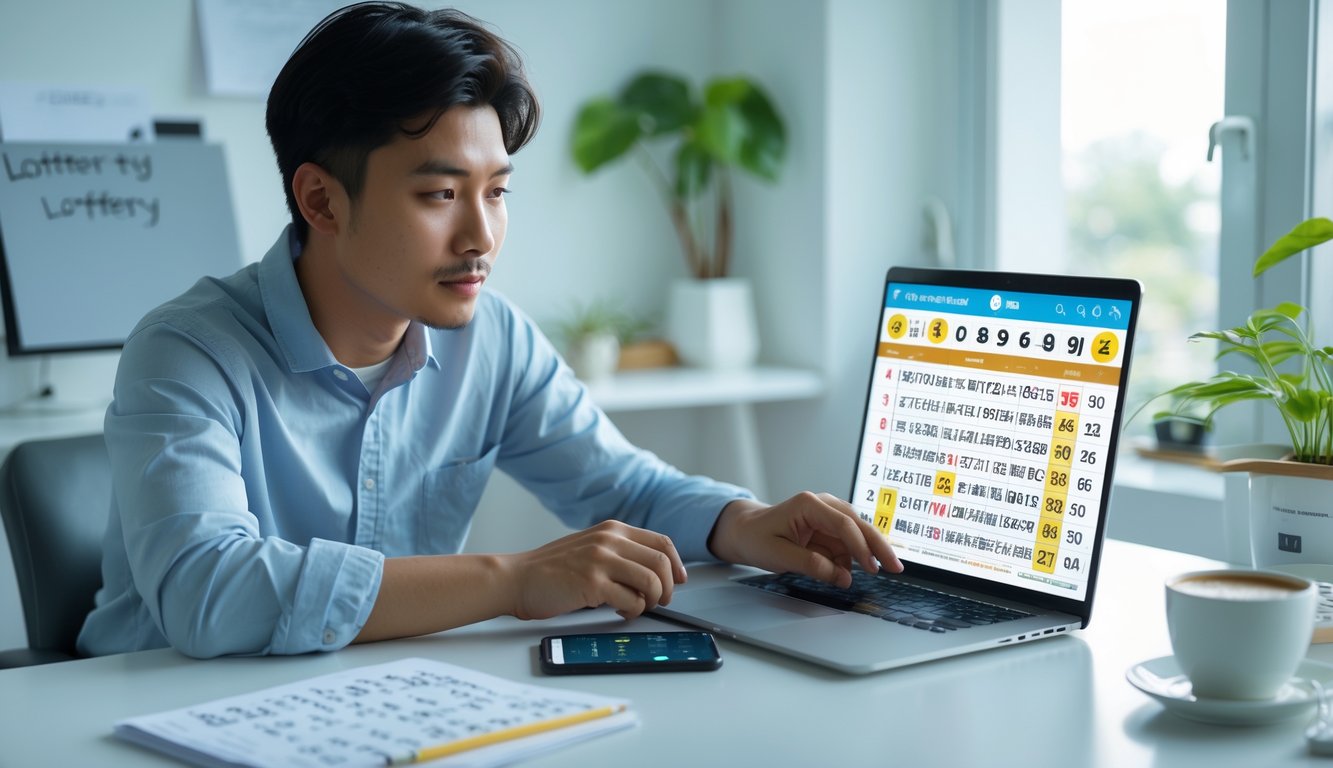 Seorang pria muda sedang duduk di meja dengan laptop, fokus menganalisis angka togel di ruang kerja yang terang.