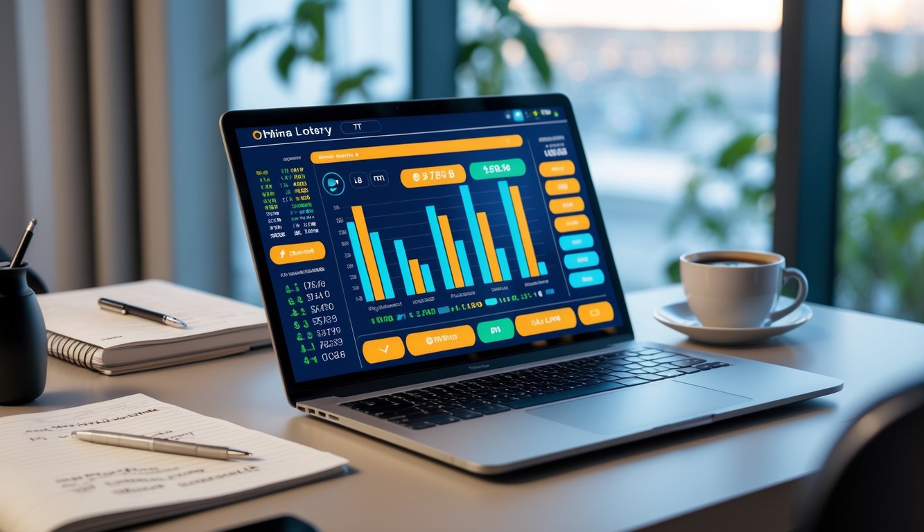 Meja kerja modern dengan laptop yang menampilkan platform taruhan togel, notebook, pena, dan secangkir kopi di dekat jendela dengan cahaya alami.