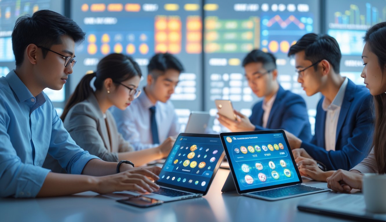 Sekelompok orang muda sedang menggunakan perangkat digital di kantor modern untuk menganalisis data taruhan togel.