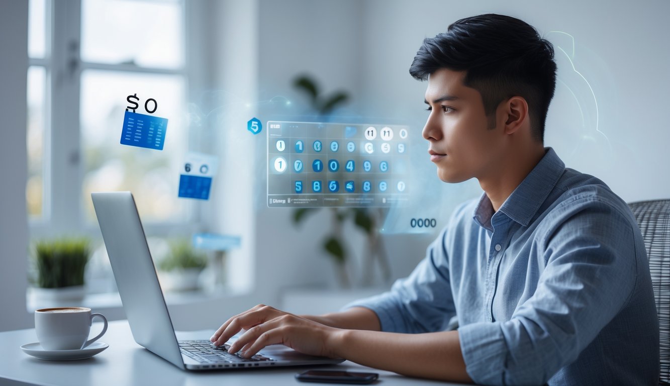 Seorang dewasa muda duduk di meja dengan laptop, terlihat fokus dan percaya diri dalam suasana kantor rumah yang rapi.