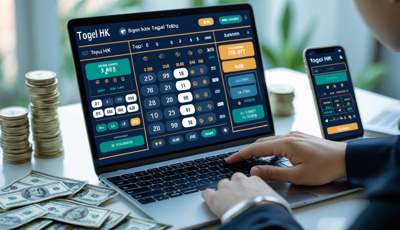 Meja kerja dengan laptop yang menampilkan platform taruhan togel online, tumpukan uang, dan smartphone, dengan tangan seseorang yang sedang menggunakan laptop.