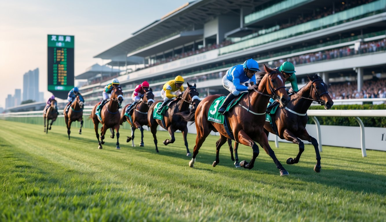 Beberapa kuda pacu dengan joki berwarna-warni sedang berlari di lintasan balap dengan tribun penonton yang ramai di latar belakang.
