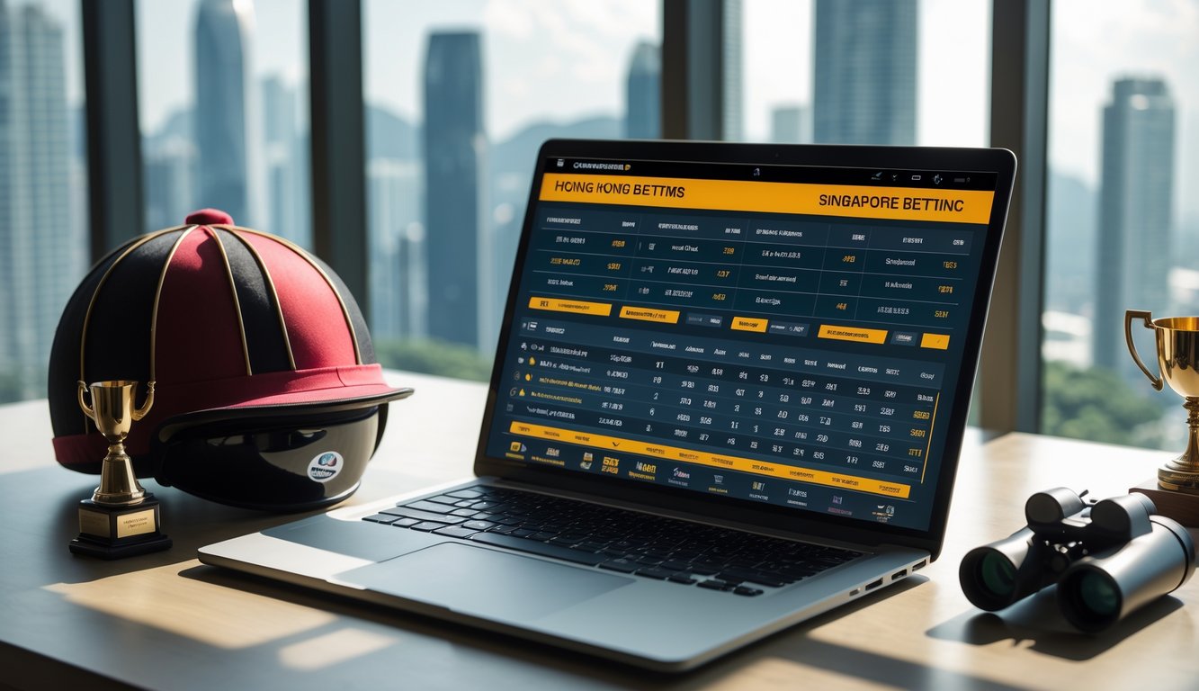 Seorang pria menggunakan laptop di meja kerja dengan perlengkapan balap kuda di sekitar, menampilkan suasana taruhan balap kuda online dengan latar kota Hong Kong dan Singapura.