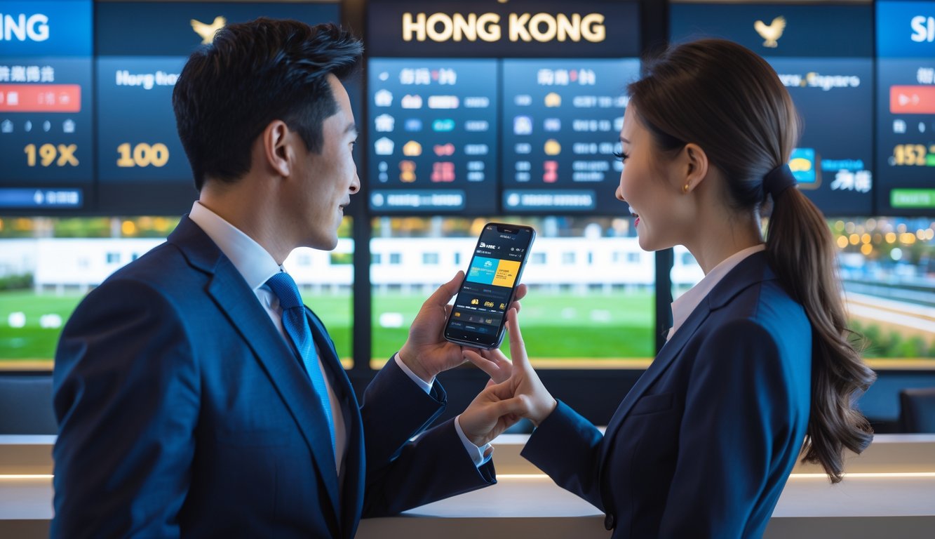 Seorang pria dan wanita sedang melihat layar besar dengan informasi taruhan balap kuda dari Hong Kong dan Singapura di sebuah ruang taruhan modern.