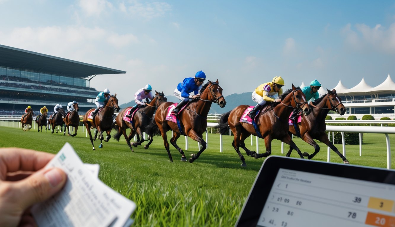 Adegan balap kuda dengan beberapa kuda dan joki yang sedang berlomba di lintasan balap dengan penonton di tribun.