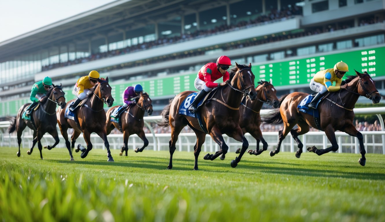 Beberapa kuda pacuan berlari kencang di lintasan hijau dengan joki mengenakan pakaian balap berwarna-warni, latar belakang tribun penonton dan papan taruhan digital.