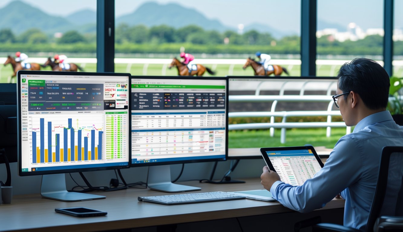 Seorang analis sedang mempelajari data balap kuda di depan beberapa monitor komputer dengan latar belakang lintasan balap kuda yang terlihat dari jendela.