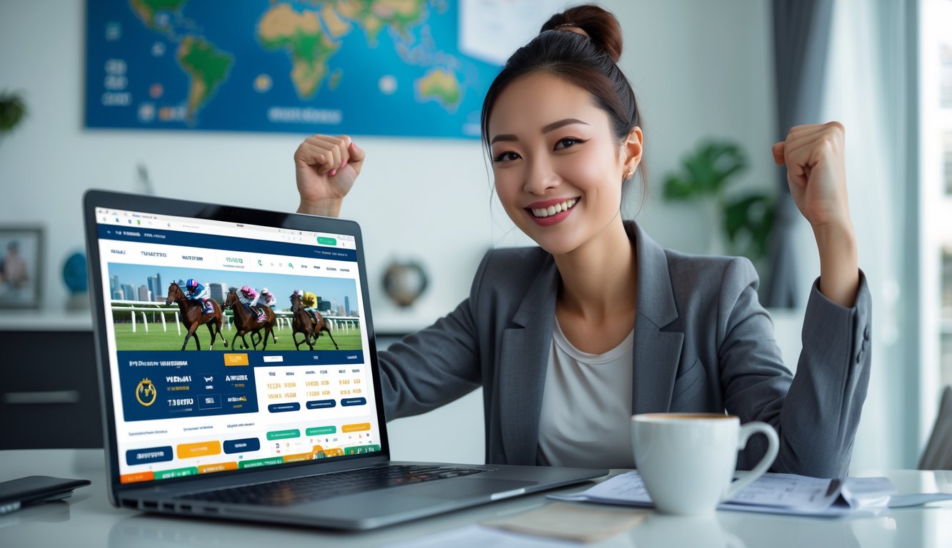 Seorang wanita muda duduk di meja dengan laptop, tersenyum sambil merayakan kemenangan dalam balap kuda online dengan latar belakang kantor rumah yang terang dan rapi.