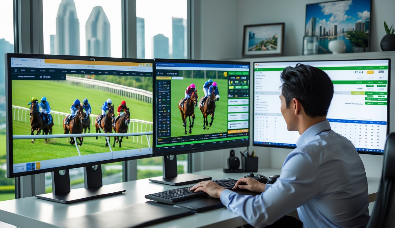 Seorang profesional di kantor modern sedang menganalisis perlombaan kuda online dengan beberapa layar komputer yang menampilkan data balap kuda dan taruhan.