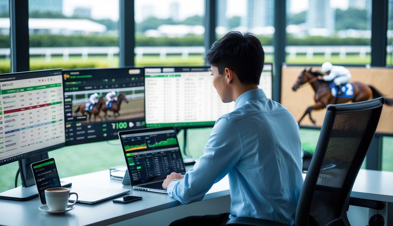 Seseorang muda duduk di meja dengan beberapa layar yang menampilkan statistik dan video balap kuda dari Hong Kong dan Singapura, di latar belakang terlihat lintasan balap kuda.