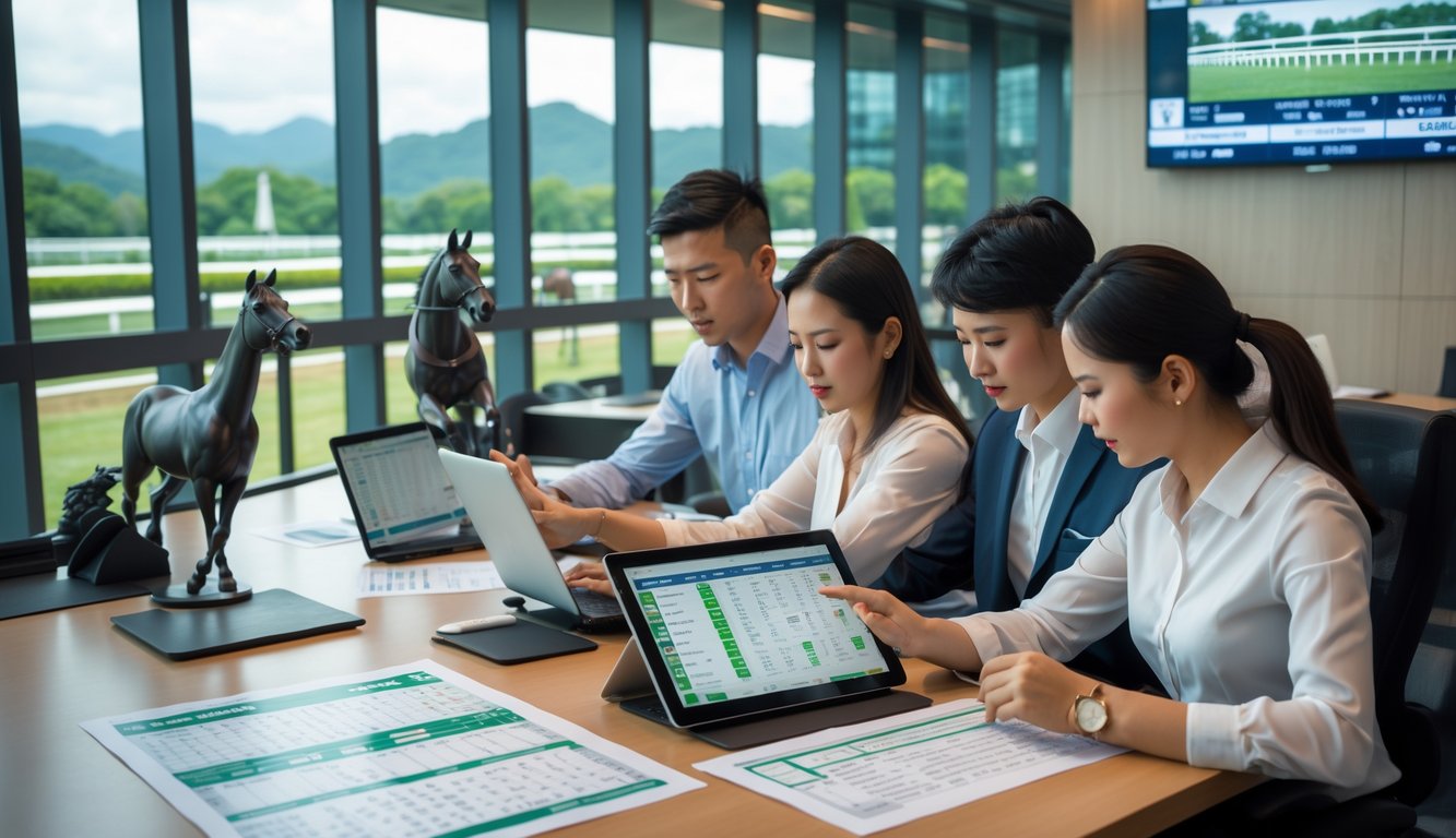 Sekelompok orang sedang mempelajari data dan statistik balap kuda di kantor dengan latar belakang arena balap.