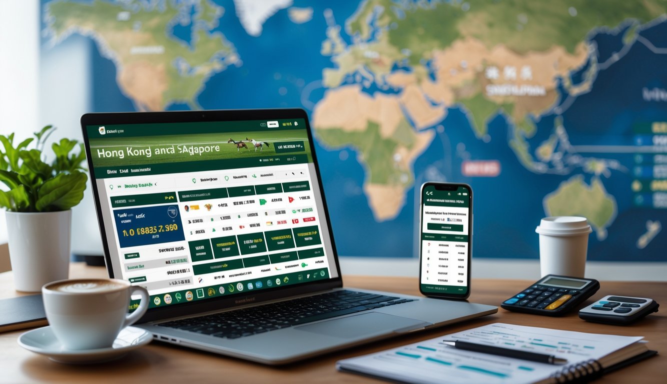 Seorang pria duduk di depan laptop dan smartphone dengan tampilan situs taruhan balap kuda, dikelilingi alat tulis dan kopi, dengan peta dunia yang menyorot Hong Kong dan Singapura di latar belakang.