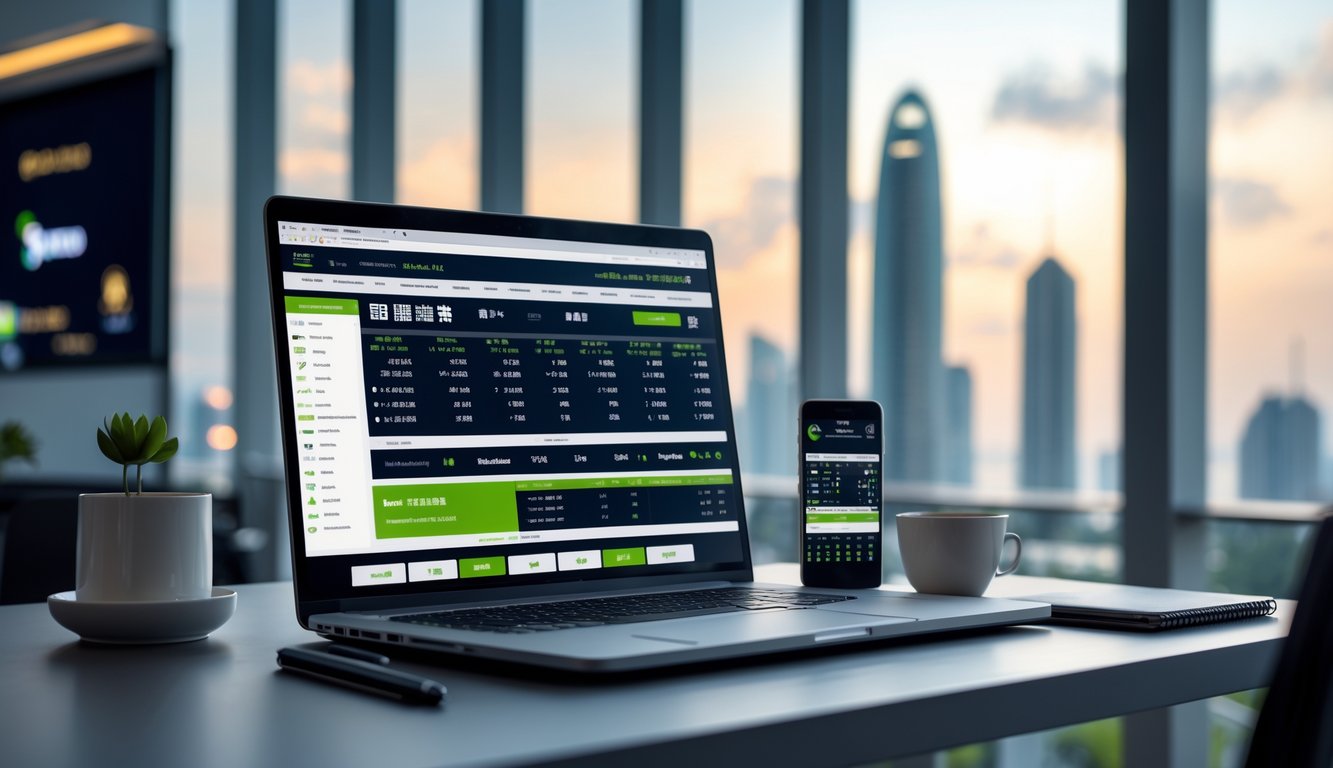 Seseorang sedang menggunakan laptop dan ponsel untuk memasang taruhan balap kuda online dengan latar belakang siluet kota Hong Kong dan Singapura.