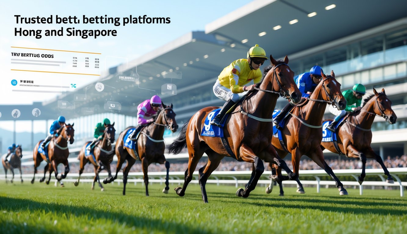 Lomba balap kuda di lintasan modern dengan kuda dan joki yang sedang berlomba, penonton ramai di latar belakang.