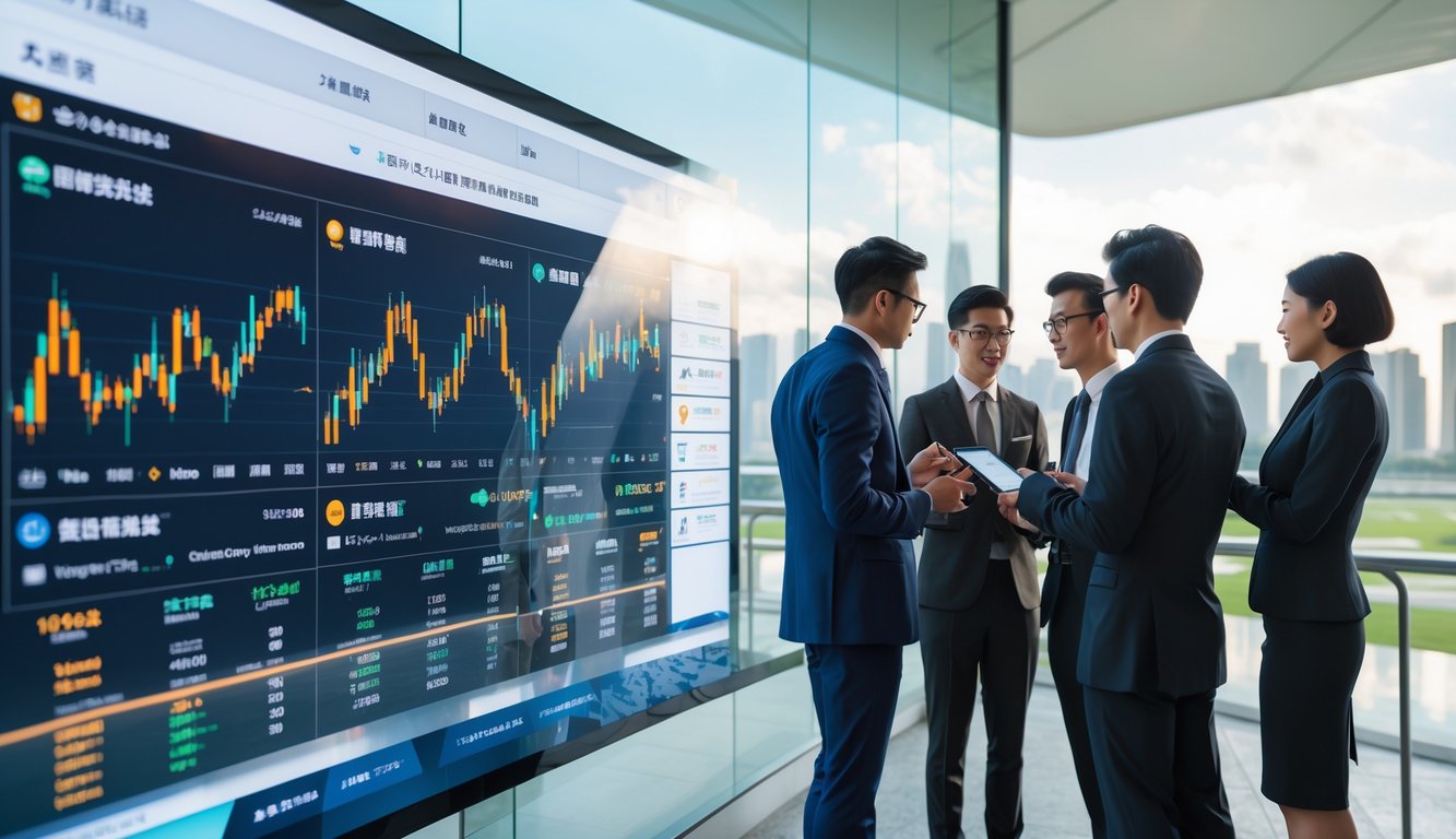 Beberapa profesional sedang melihat layar digital besar yang menampilkan data dan video balap kuda dari Hong Kong dan Singapura dengan latar belakang kota-kota tersebut.