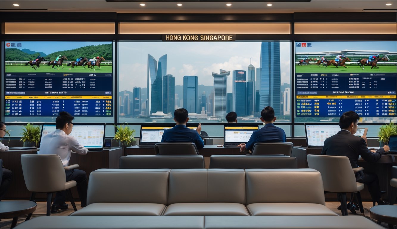 Sekelompok orang fokus di ruang taruhan modern dengan layar besar menampilkan balap kuda dari Hong Kong dan Singapura.