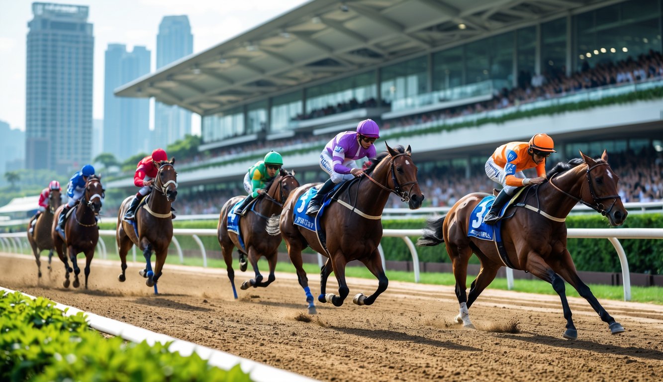 Sekelompok kuda balap dengan joki berwarna-warni sedang berlomba di lintasan balap dengan penonton di latar belakang.