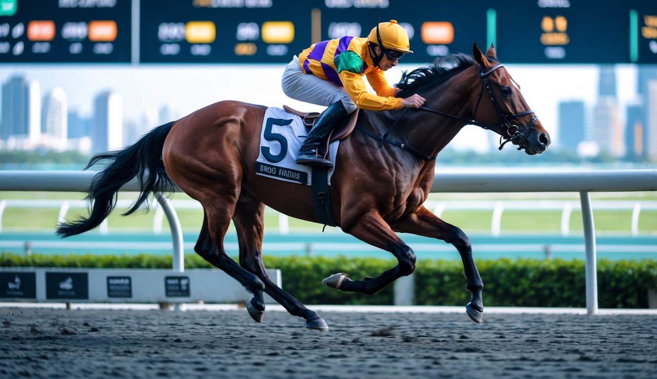 Seekor kuda pacu dengan joki sedang berlari di lintasan balap dengan latar belakang kota yang samar.