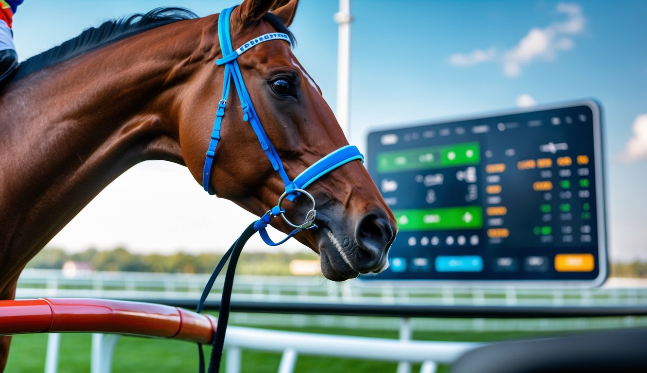 Seekor kuda pacu dengan joki bersiap di lintasan balap dengan tampilan statistik digital di latar belakang.