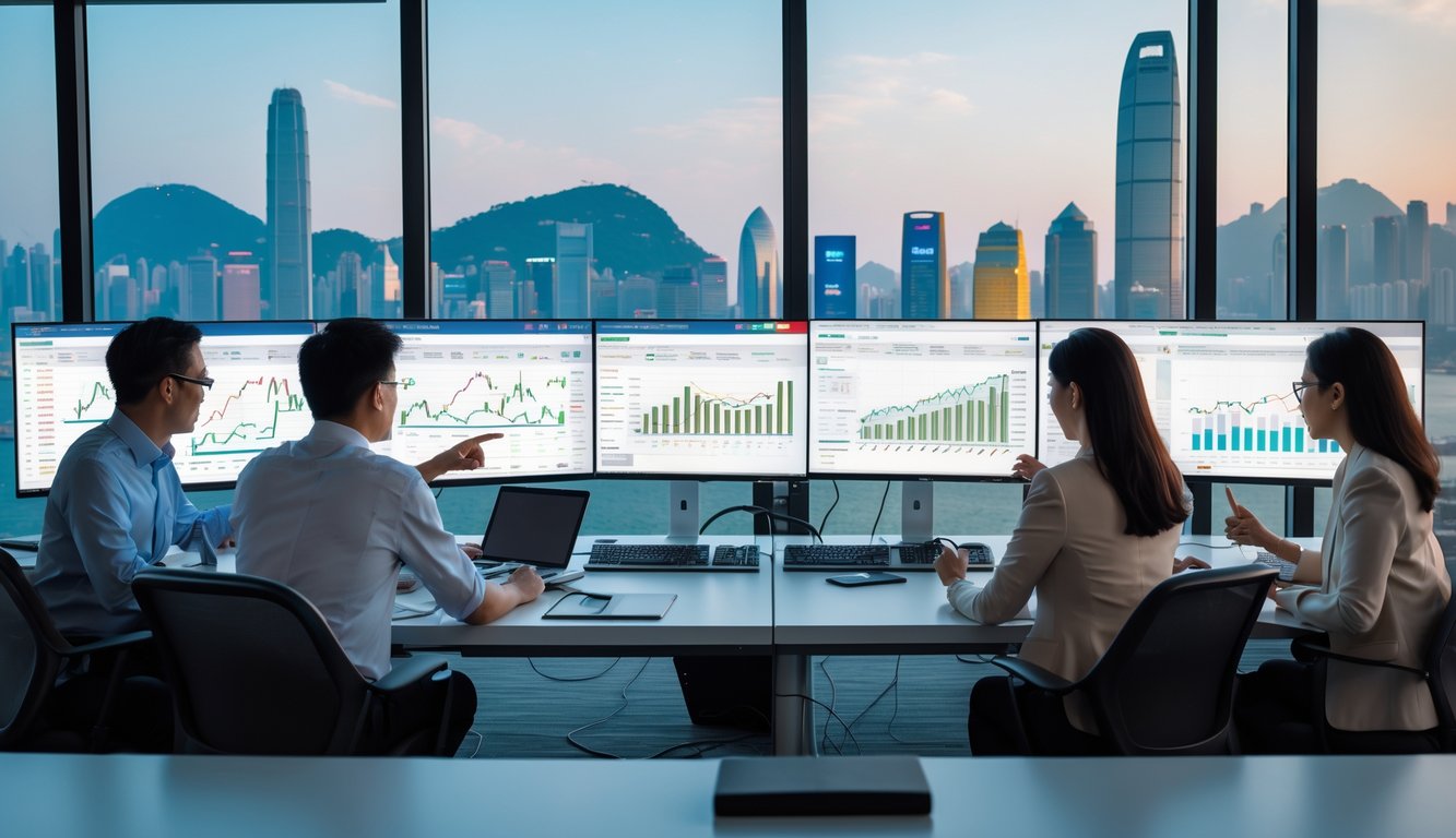 Sekelompok analis sedang bekerja dengan komputer yang menampilkan grafik dan data statistik balap kuda di sebuah kantor modern dengan pemandangan kota Hong Kong dan Singapura di latar belakang.